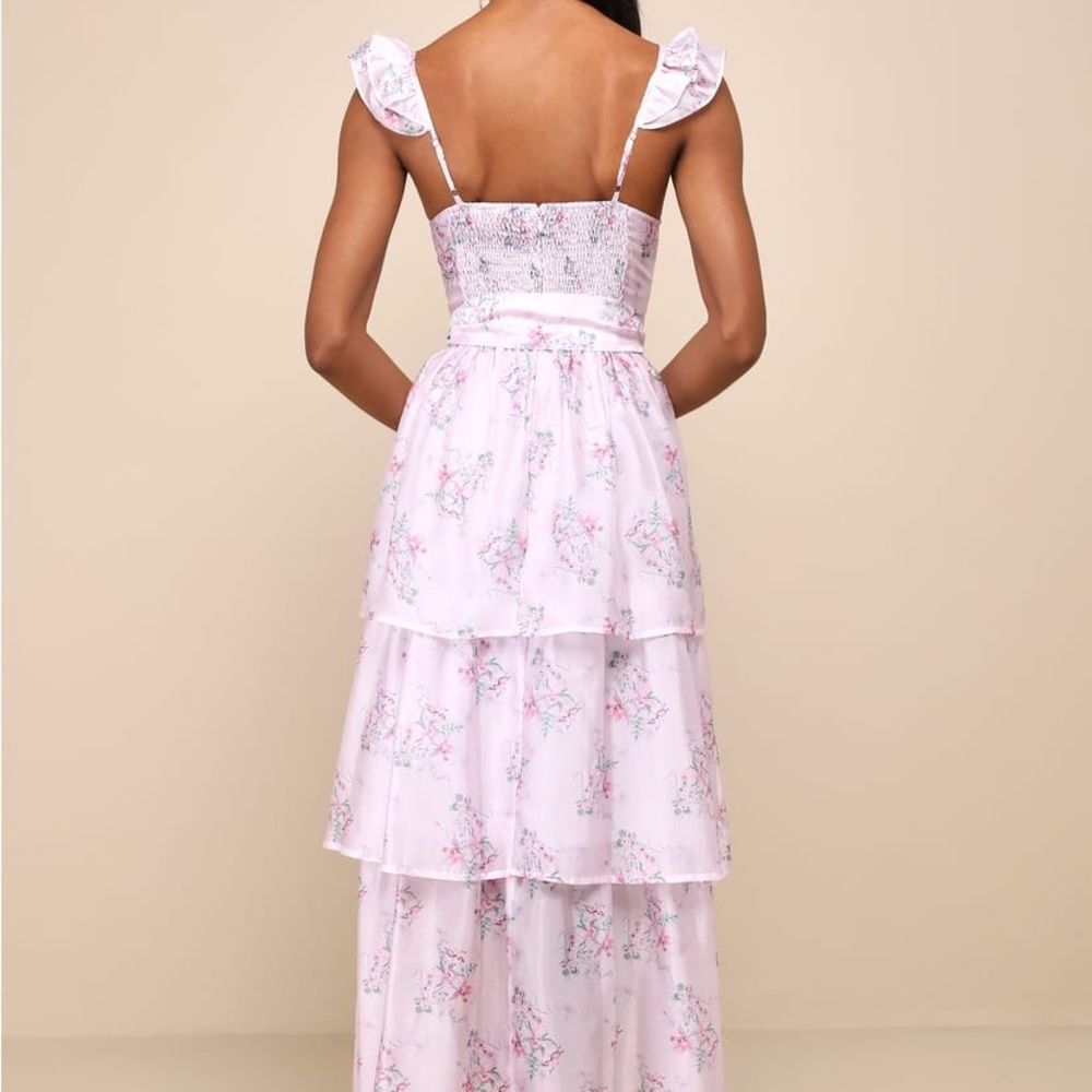 NWT-Lulus- Sweetest Emotion Lilac Floral Ruffled Tiered Bustier Midi Dress-small - Picture 3 of 16